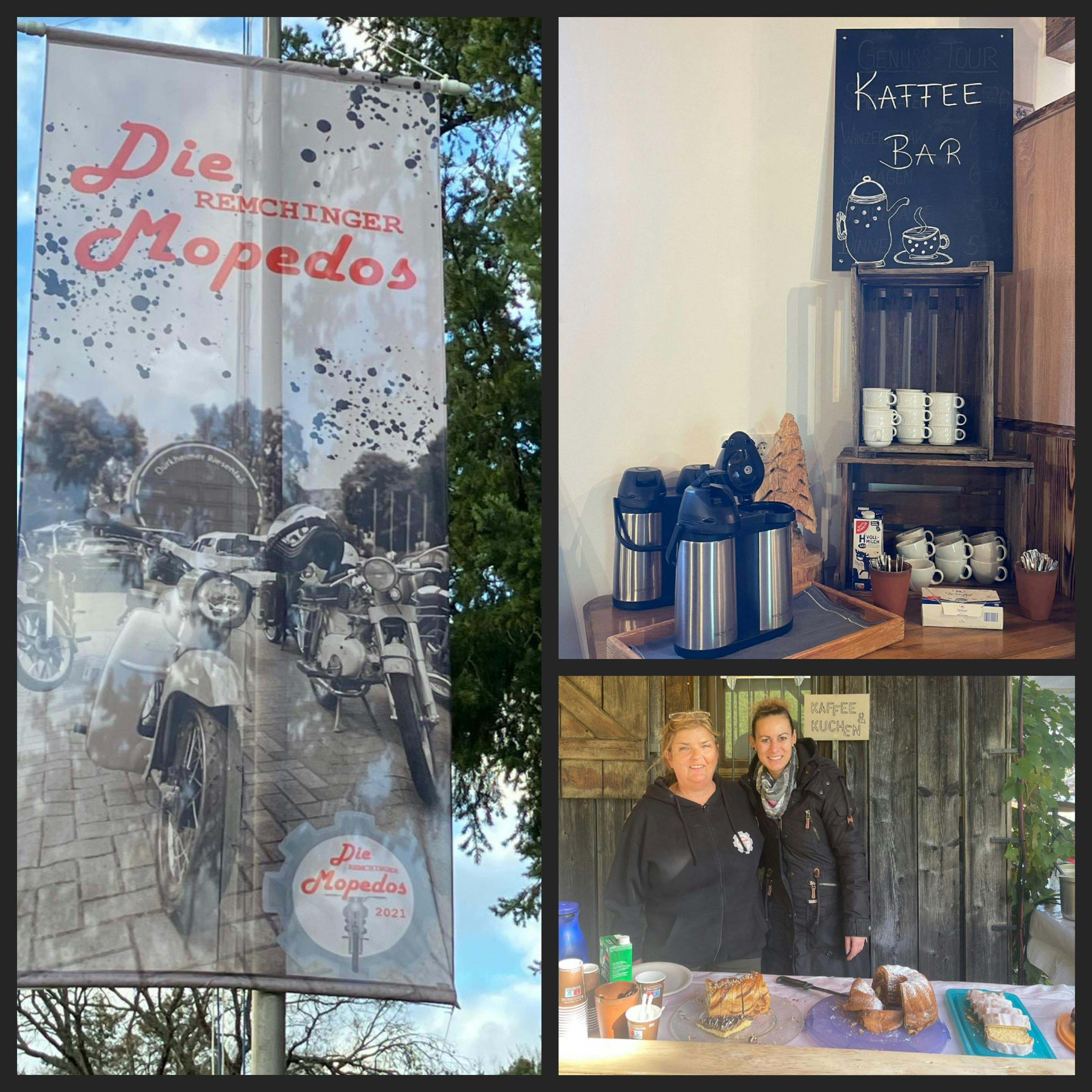 Bildercollage zeigt Flagge der Mopedos, ihre Kaffeebar sowie zwei Mitglieder beim Kuchenverkauf(c) Mopedos Remchingen